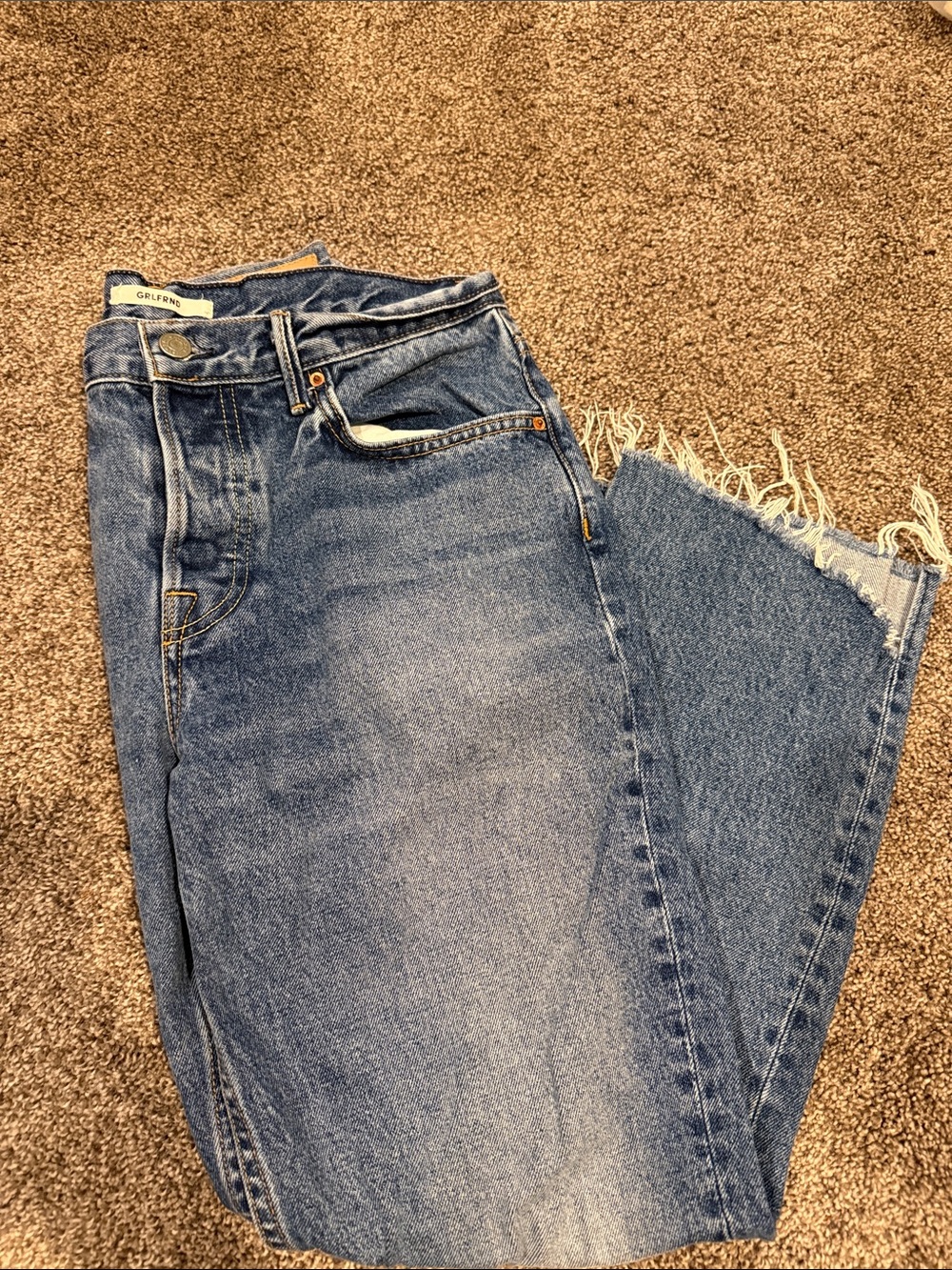 GRLFRND Medium Blue Straight Leg Jeans with Frayed Hem